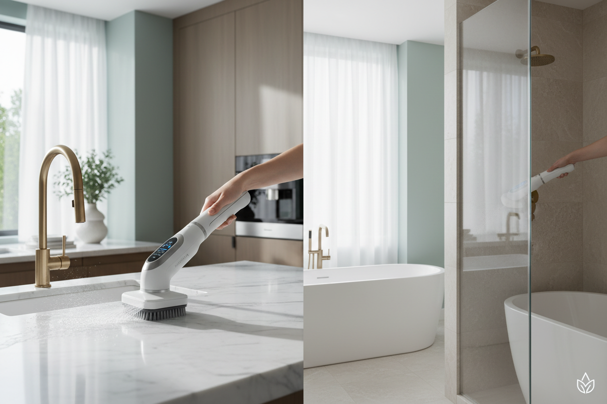 A modern, bright home interior showing a powerful electric cleaning tool being used in a clean kitchen and bathroom environment, soft natural lighting, minimalistic style, premium feel, calming colors, professional product photography, suitable for a luxury home cleaning brand